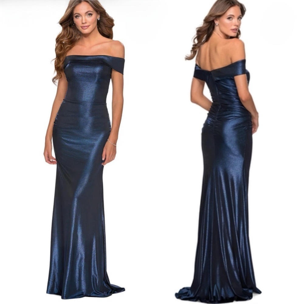 La FEMME Metallic Off The Shoulder Navy Maxi Evening Gown Dress 28740 Size 8 NEW